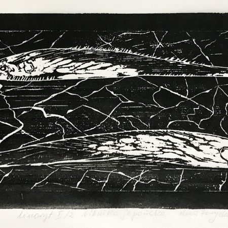 Gody marcowe, linoryt na bibułce japońskiej 17x37 cm